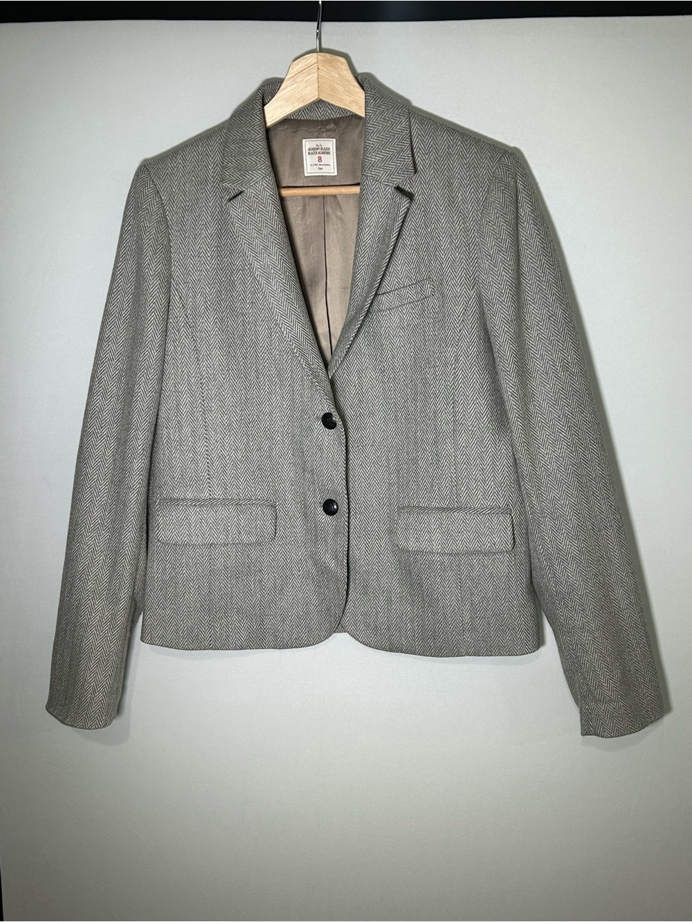 Gap Heritage Wool Blend Academy Blazer Grey Herringbone Elbow Patch Size 8